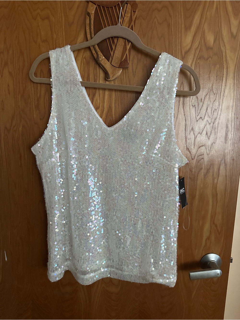 INC International Concepts Iridescent Sequin V-Neck Tank Top - White